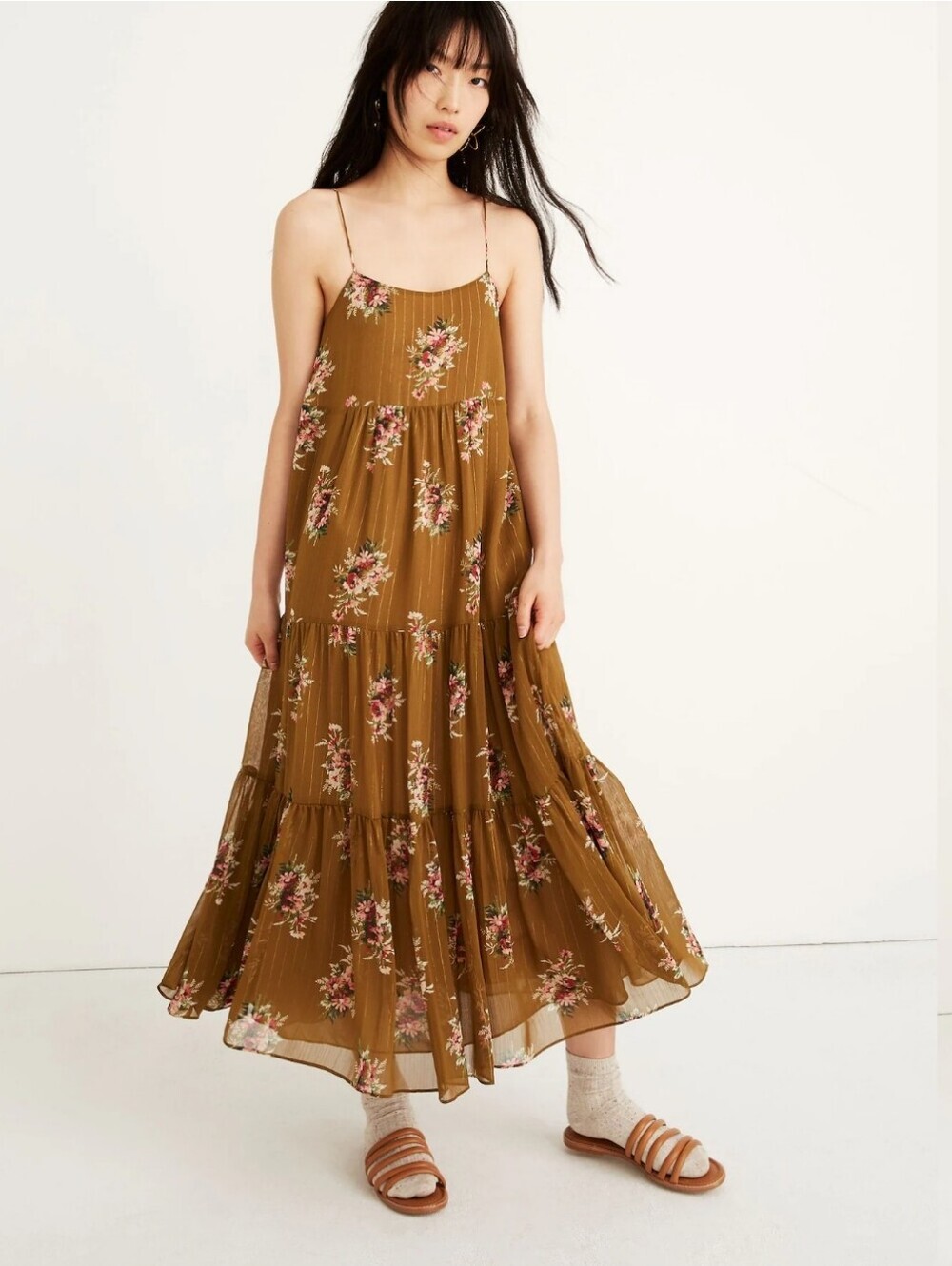 Madewell Olive Floral Tiered Midi Dress Sz 2
